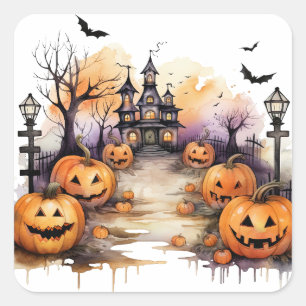 Spooky Haunted House Pumpkins Halloween Square Sticker
