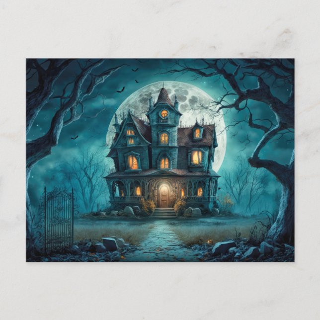 Spooky Haunted House Under A Full Moon Postcard (Front)