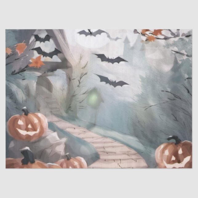 Spooky Haunted House Watercolor Gift Wrap Tissue Paper (Front)