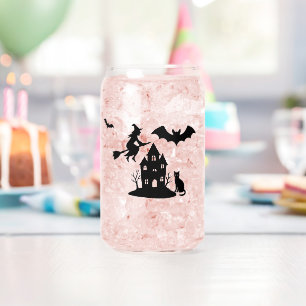 Spooky Haunted House & Witch Silhouette    Can Glass