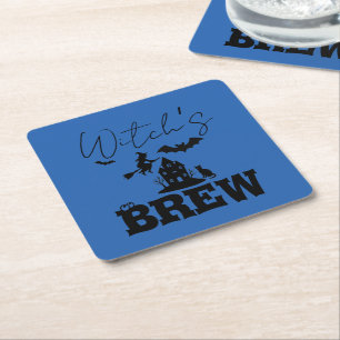 Spooky Haunted House & Witch Silhouette Square Paper Coaster