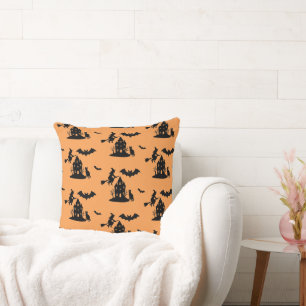 Spooky Haunted House & Witch Silhouette    Throw Pillow