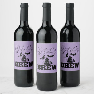 Spooky Haunted House & Witch Silhouette Wine Label