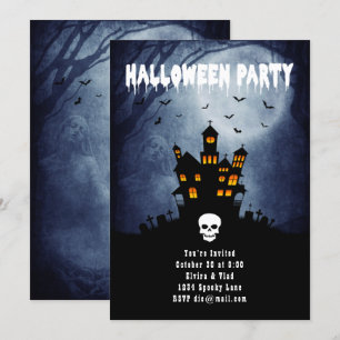 Spooky Haunted House with Blue Ghost Invitation