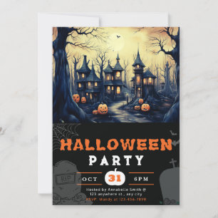 Spooky Haunted Town Houses Pumpkins Halloween Invitation