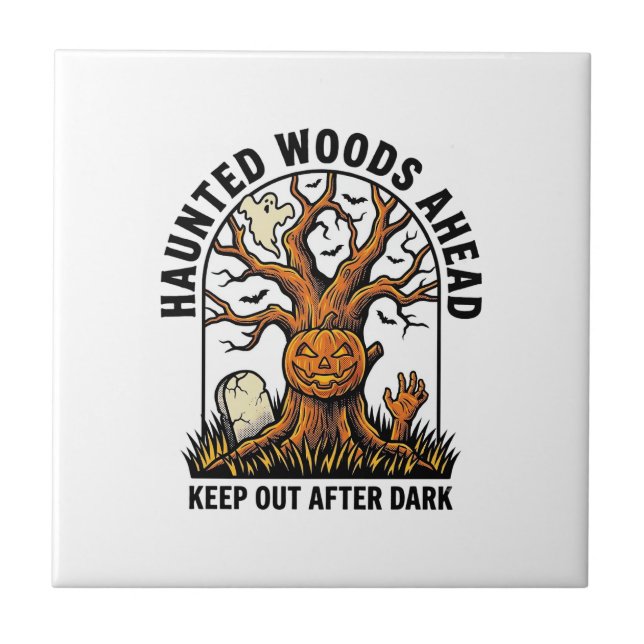 Spooky Haunted Tree Vintage Halloween Warning Shir Tile (Front)