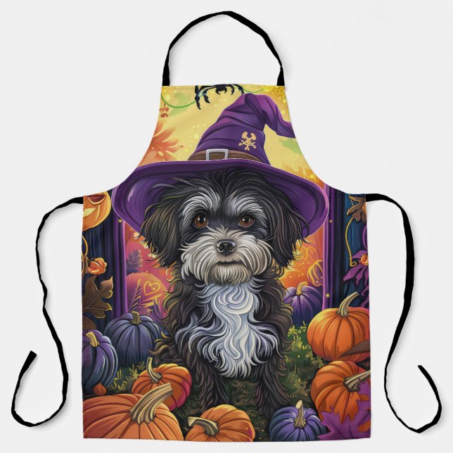 Spooky Havanese Dog Halloween Witch And Pumpkin Apron (Front)