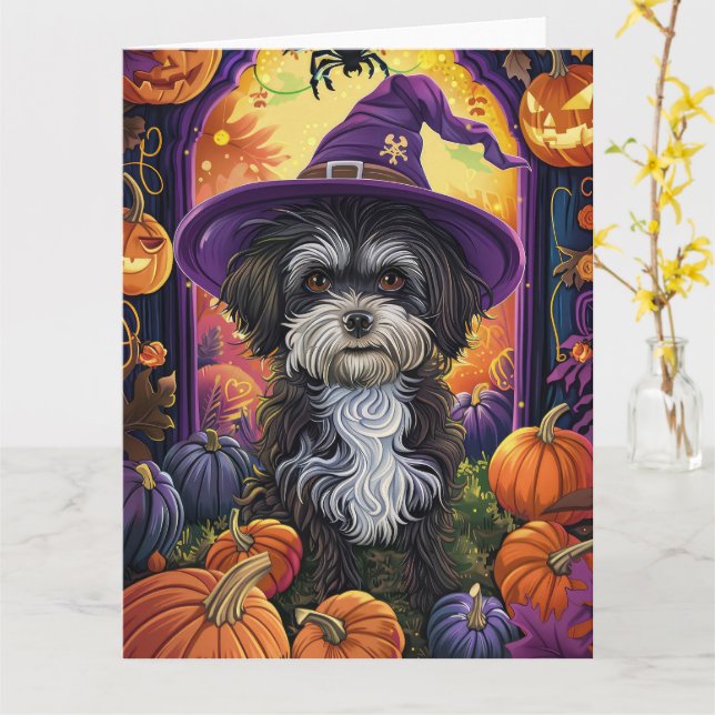 Spooky Havanese Dog Halloween Witch And Pumpkin Card (Yellow Flower)