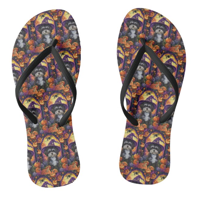 Spooky Havanese Dog Halloween Witch And Pumpkin Flip Flops (Footbed)