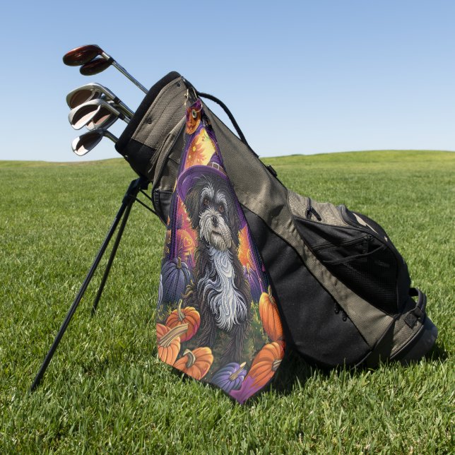 Spooky Havanese Dog Halloween Witch And Pumpkin Golf Towel (Green)