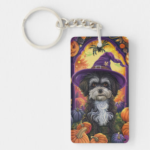 Spooky Havanese Dog Halloween Witch And Pumpkin Keychain