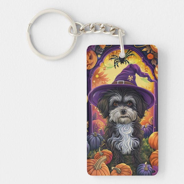 Spooky Havanese Dog Halloween Witch And Pumpkin Keychain (Front)