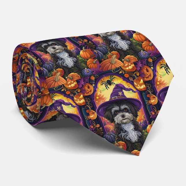 Spooky Havanese Dog Halloween Witch And Pumpkin Tie (Rolled)