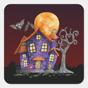 Spooky House Full Moon Halloween Square Sticker