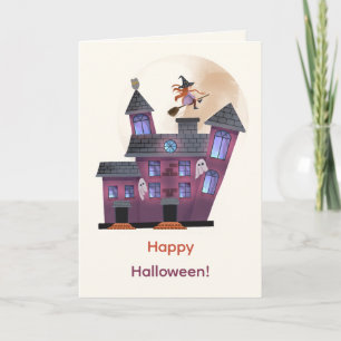 Spooky House Moon Little Witch Happy Halloween  Card