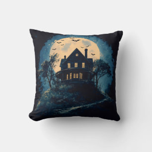 Spooky house on a hill, Halloween concept Throw Pillow