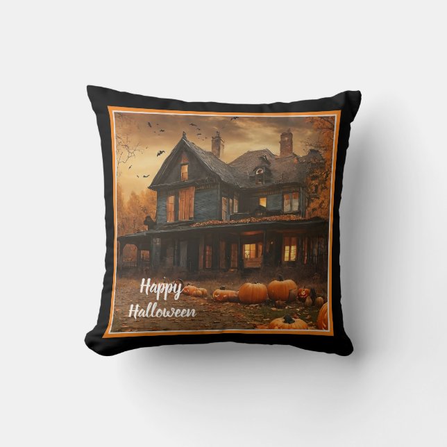 Spooky House Pumpkin Halloween Collection Throw Pillow (Front)