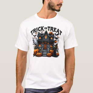 Spooky house with pumpkins and ghosts T-Shirt