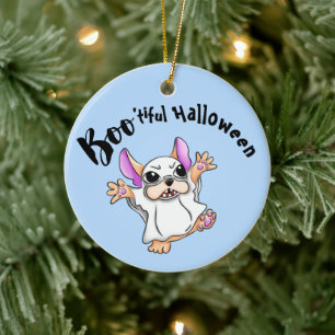 Spooky Hugs: Cute Bulldog Boo ghost Halloween Ceramic Ornament