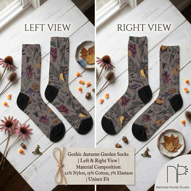 Spooky Hummingbird Garden Socks (Hand drawn hummingbird and wildflower ink art socks with a chic noir aesthetic)