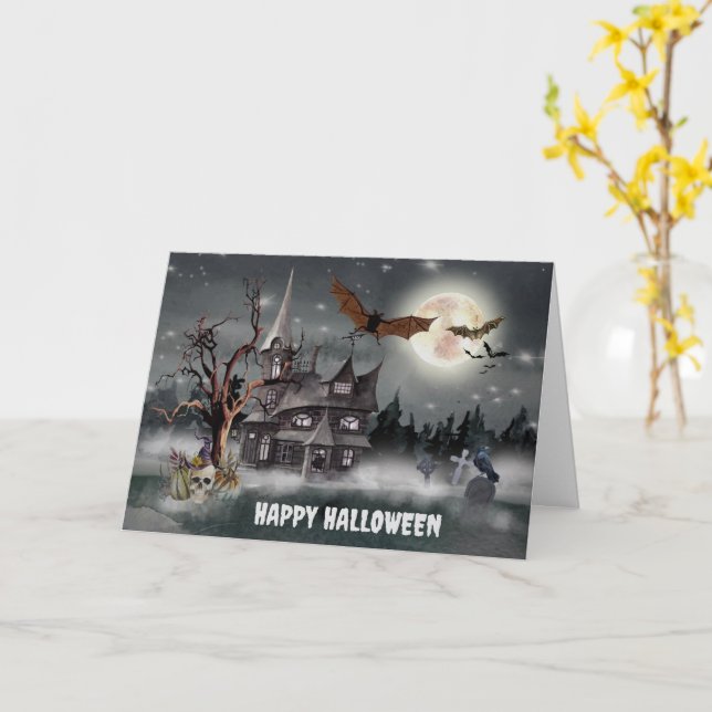Spooky Hunted House Halloween Card (Yellow Flower)