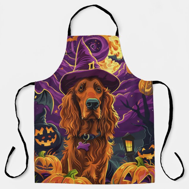 Spooky Irish Red Setter Halloween Witch Pumpkin  Apron (Front)