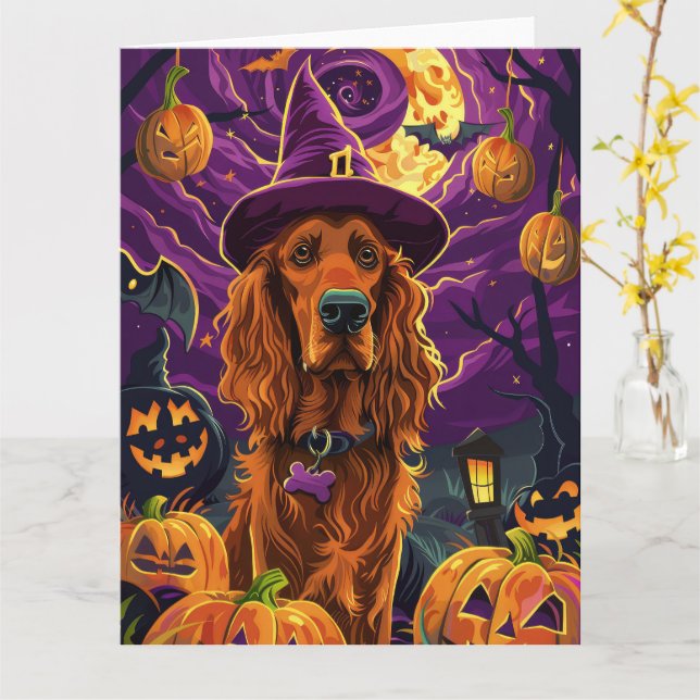 Spooky Irish Red Setter Halloween Witch Pumpkin  Card (Yellow Flower)