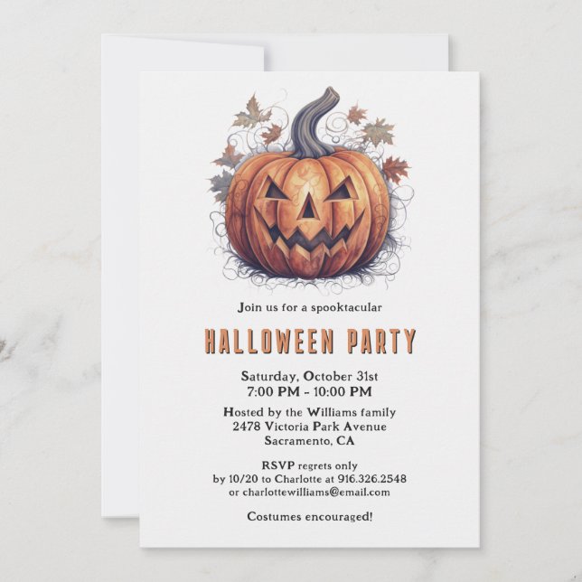 Spooky Jack-O-Lantern Bats Moon Halloween Party Invitation (Front)