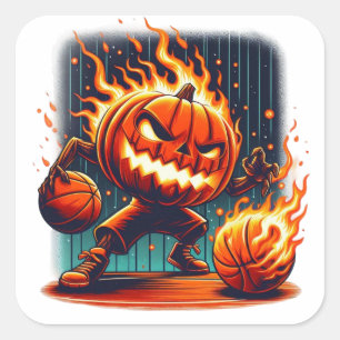 Spooky Jack-o'-Lantern Dunking Halloween Basketbal Square Sticker