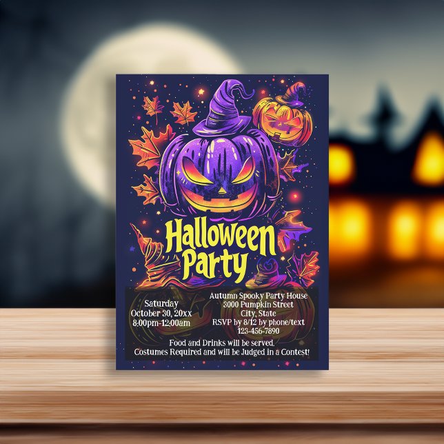 Spooky Jack-O-Lantern Halloween Party Invitation (purple black jack o lantern halloween invitation)