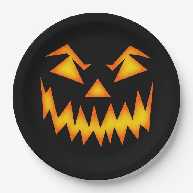 Spooky Jack'o'Lantern Face Black Halloween Paper Plate (Front)