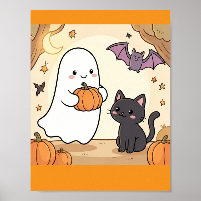 Spooky Kawaii Ghost Fun with Black Cat Poster (Front)