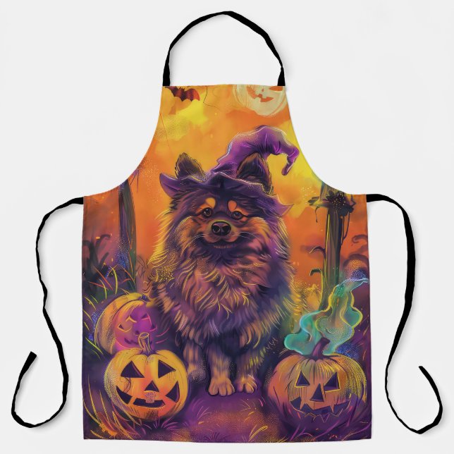 Spooky Keeshond Dog Halloween Witch And Pumpkin  Apron (Front)