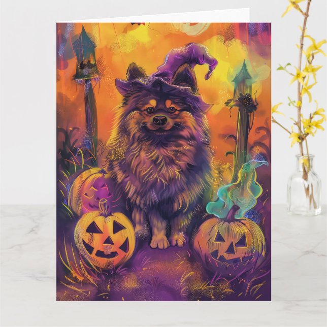 Spooky Keeshond Dog Halloween Witch And Pumpkin  Card (Yellow Flower)
