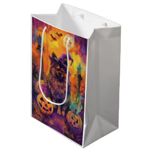 Spooky Keeshond Dog Halloween Witch And Pumpkin  Medium Gift Bag