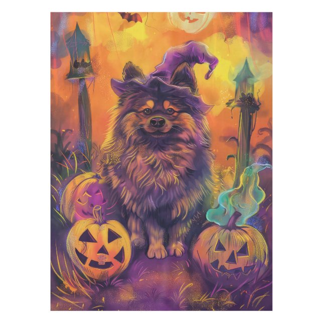 Spooky Keeshond Dog Halloween Witch And Pumpkin  Tablecloth (Front)