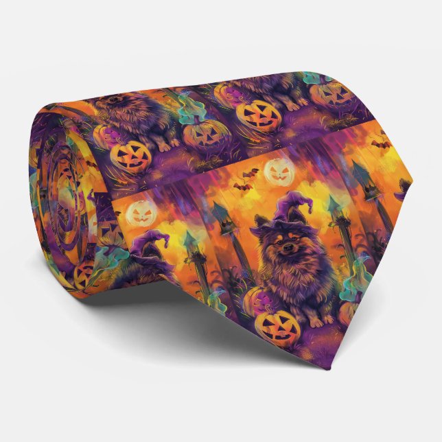 Spooky Keeshond Dog Halloween Witch And Pumpkin  Tie (Rolled)