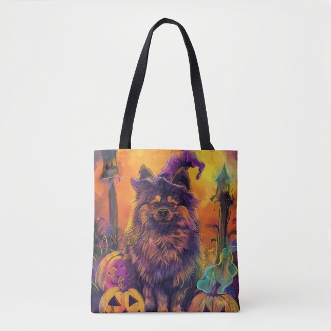Spooky Keeshond Dog Halloween Witch And Pumpkin  Tote Bag (Front)