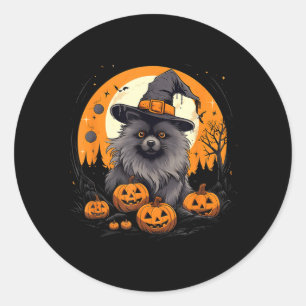 Spooky Keeshond Dog Witch Halloween Classic Round Sticker