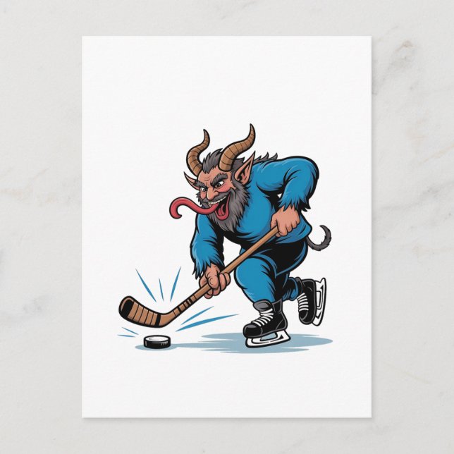 Spooky Krampus Playing Ice Hockey Christmas  Holiday Postcard (Front)