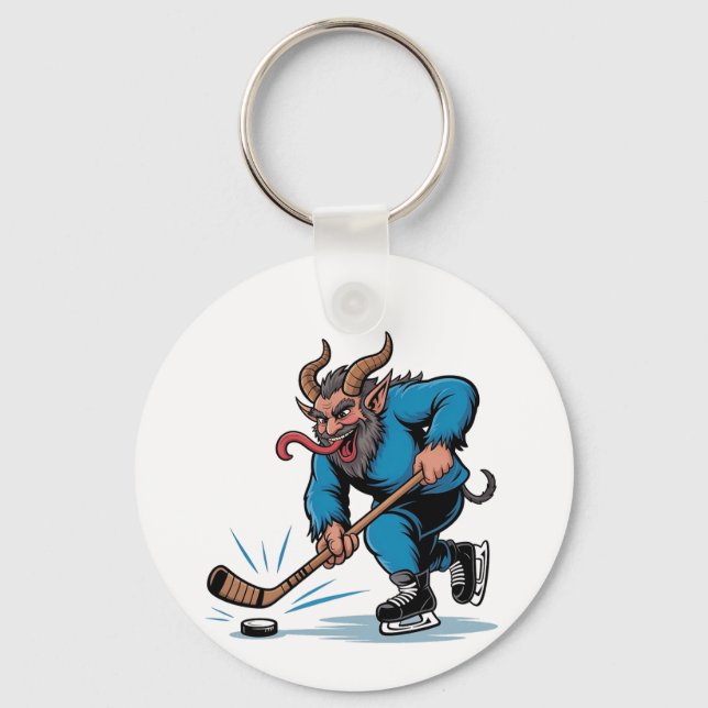 Spooky Krampus Playing Ice Hockey Christmas  Keychain (Front)