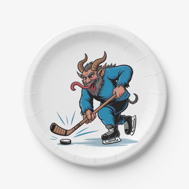 Spooky Krampus Playing Ice Hockey Christmas  Paper Plate (Front)