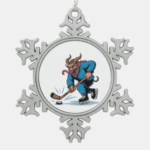 Spooky Krampus Playing Ice Hockey Christmas Snowflake Pewter Christmas Ornament