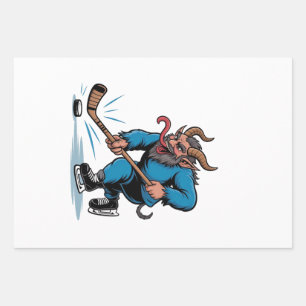Spooky Krampus Playing Ice Hockey Christmas  Wrapping Paper Sheet