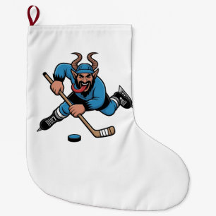 Spooky Krampus Playing Ice Hockey Sport Large Christmas Stocking