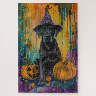 Spooky Labrador Dog Halloween Witch And Pumpkin Jigsaw Puzzle