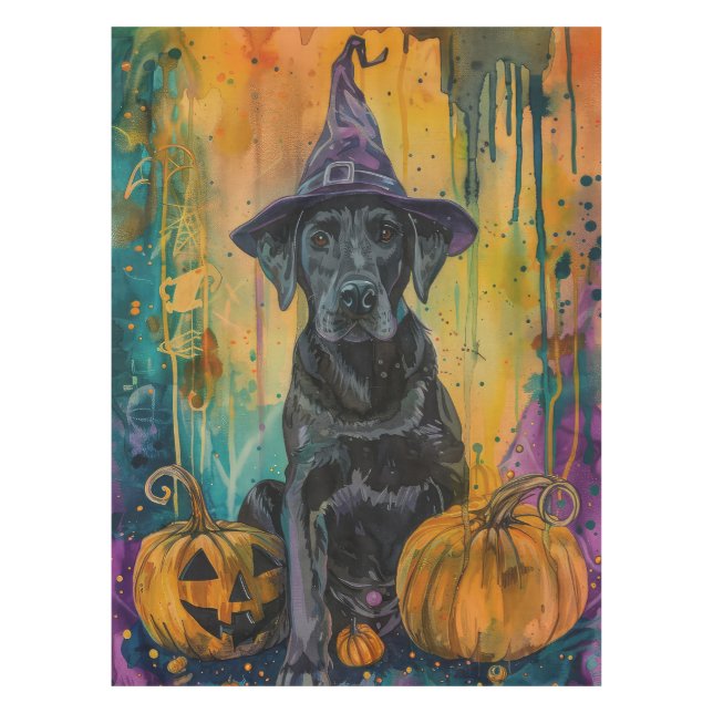 Spooky Labrador Dog Halloween Witch And Pumpkin Tablecloth (Front)