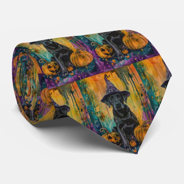 Spooky Labrador Dog Halloween Witch And Pumpkin Tie (Rolled)