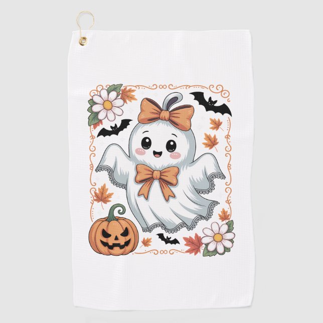 Spooky Lace Ghost Halloween Golf Towel (Front)