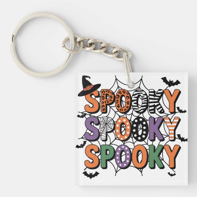  Spooky Lettering  Witch Hat and Bats Halloween  Keychain (Front)